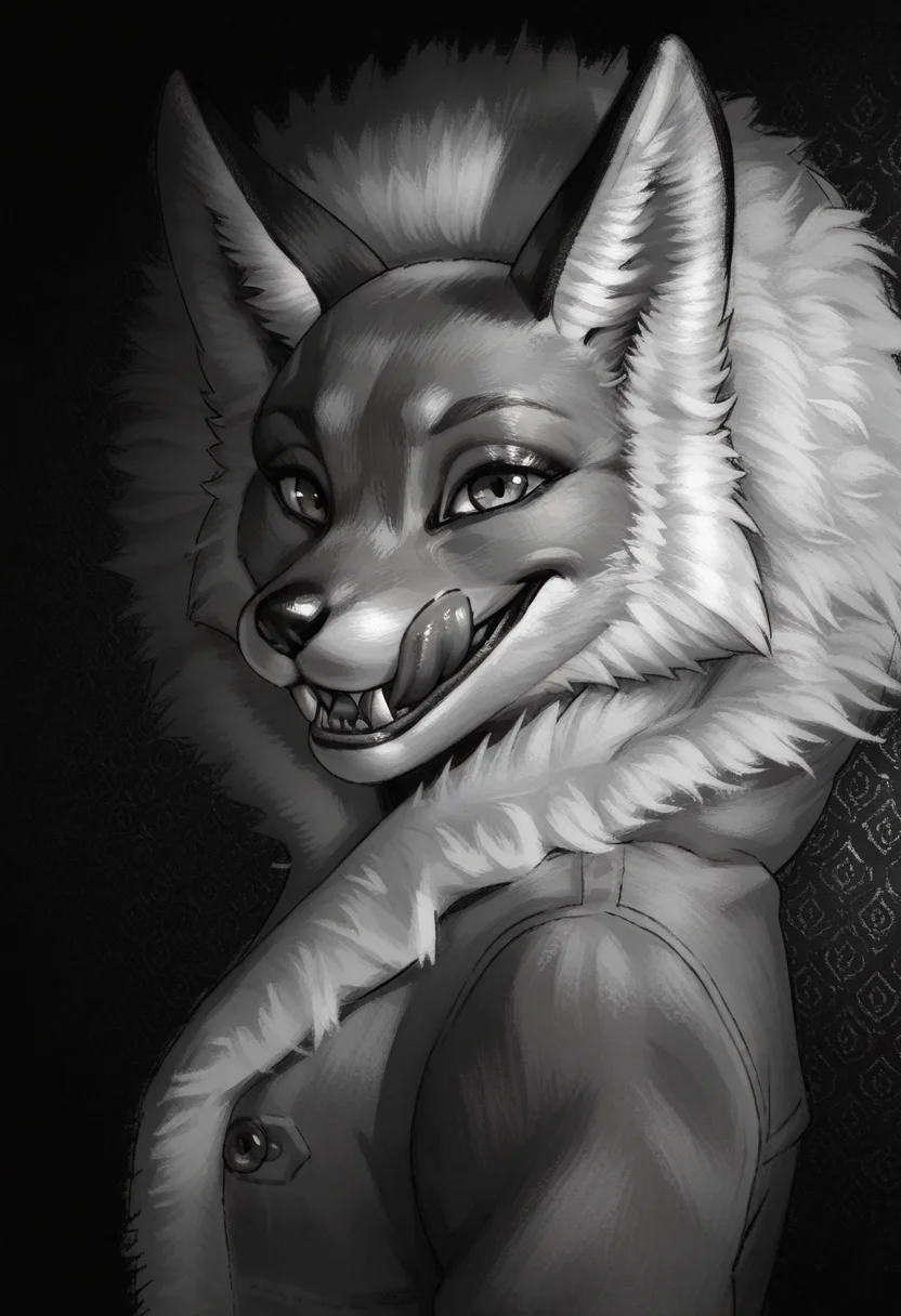 Graphic Design, greyscale, monochrome, intricate details, high contrast, detailed background, beautiful detailed, beautiful face, detailed eyes, detailed face, new, z41ch1k, 1girl, solo, furry, fox, portrait, fur trim, coat, looking at viewer, sharp teeth, licking lips, tongue out, smile, dynamic pose, black background, from side, head up, (masterpiece, best quality, newest, recent, absurdres), 