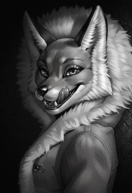 Graphic Design, greyscale, monochrome, intricate details, high contrast, detailed background, beautiful detailed, beautiful face, detailed eyes, detailed face, new, z41ch1k, 1girl, solo, furry, fox, portrait, fur trim, coat, looking at viewer, sharp teeth, licking lips, tongue out, smile, dynamic pose, black background, from side, head up, (masterpiece, best quality, newest, recent, absurdres),