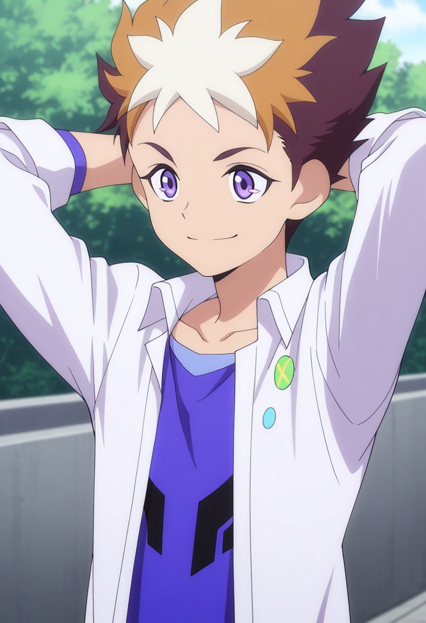 masterpiece,best quality,amazing quality, source_anime,
SubaruMakabe, 1boy, male focus, solo, purple eyes, multicolored hair, brown hair, white hair, collarbone, shirt, purple shirt, white shirt, collared shirt, open shirt, smile, outdoor, hands behind head,
