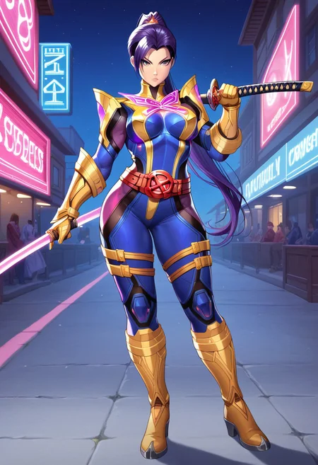 (score_9, score_8, score_7), masterwork, masterpiece, Expressiveh, psylocke, 1girl, solo, beautiful eyes, beautiful face, detailed eyes, detailed face,
long purple ponytail, serious look, yellow armored boots and gloves, glowing pink chest insignia, red belt, cyber armor suit with sleek black and pink contour panels, anime hero design, full body. tight blue and yellow bodysuit, glowing pink butterfly symbol on chest, red X-emblem belt, metallic yellow gauntlets and boots, pink mesh panels on thighs, black contour lines on hips and torso, fighting pose, dynamic pose, dynamic angles, pointing katana, street, night, neon sign
