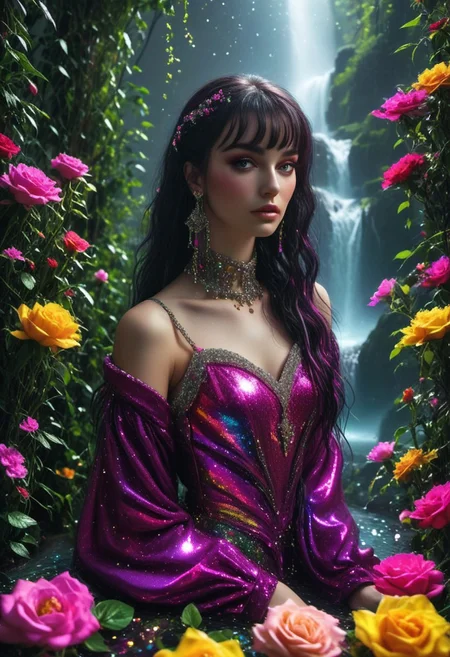 Light mood masterpiece photography of full-body shot, realistic, realistic photograph, front-facing photograph, American woman, beautiful bright eyes, realistic skin texture, intense sight, cowl neckline, black hair, pastel hair, purple hair, 3/4 angle body position, waterfall, indoor waterfall, inside bedroom, large perfume collection, large makeup collection, lots of jewelry, widescreen TV, neon eyeshadow, gaudy, jewelry, silver eyeshadow, cowl neck, boat neckline, Lisa Frank inspired, Lisa Frank colors, colorful eyeshadow, 29yo woman, solo woman, indoor pond, flowers, indoor garden, waterfall inside bedroom, rock n roll, Ramones, Led Zeppelin, Aerosmith, punk fashion, rock n roll fashion, glitter on face, purple dress, green dress, Lisa Frank inspired dress, purple nail polish, bell bottom jeans, crop top, sitting at vanity, makeup collection, bedazzled platform shoes, lots of face crystals, face glitter, yellow and orange tutu, sparkly tutu, maximalism, green and blue and pink, purple, 3/4 angle face, black and pink hair, waterfall in bedroom, standing in front of waterfall, 80s makeup, editorial blush, sitting in maximalist bedroom, colorful eyeshadow, soft rug, neon rug, bedroom like bedroom from Howl's Moving Castle, long sleeves, long earrings, lots of jewelry, crystals on face, modest neckline, modest dress, 2000s fashion, looks like Jessica Clements