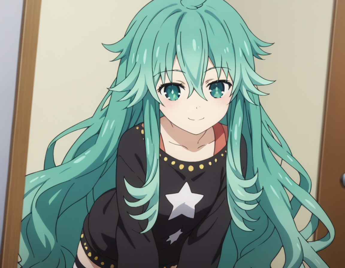 score_9, score_8_up, score_7_up, source_anime,
natsumikyouno,  <lora:natsumi-kyouno-s4s5-ponyxl-lora-nochekaiser:1>,
natsumi kyouno, long hair, very long hair, green hair, aqua hair, green eyes,
thighhighs, long sleeves, striped, star \(symbol\), sweater, striped thighhighs, star print,
indoors, bent over, smile,
looking at viewer, solo, cowboy shot, dutch angle,
