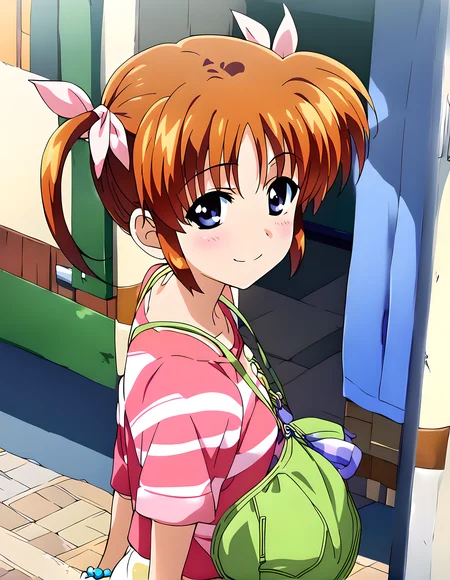 <lora:pony_xl_nanoha:1>,nanoha,score_9,score_8_up,score_7_up,source_anime,1girl,solo,looking_at_viewer,looking in love,upper eyes,smile,:d,blush,bent_over,arms_behind_back,cowboy_shot,casual,