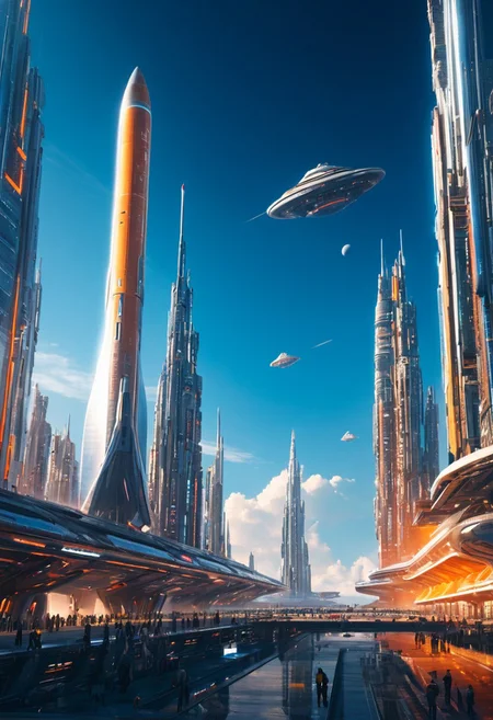 Masterpiece, best quality, UHD, 16k, high res,
futuristic city, territory of launch place, start of space ship, day,
epic, dynamic colors, warm colors