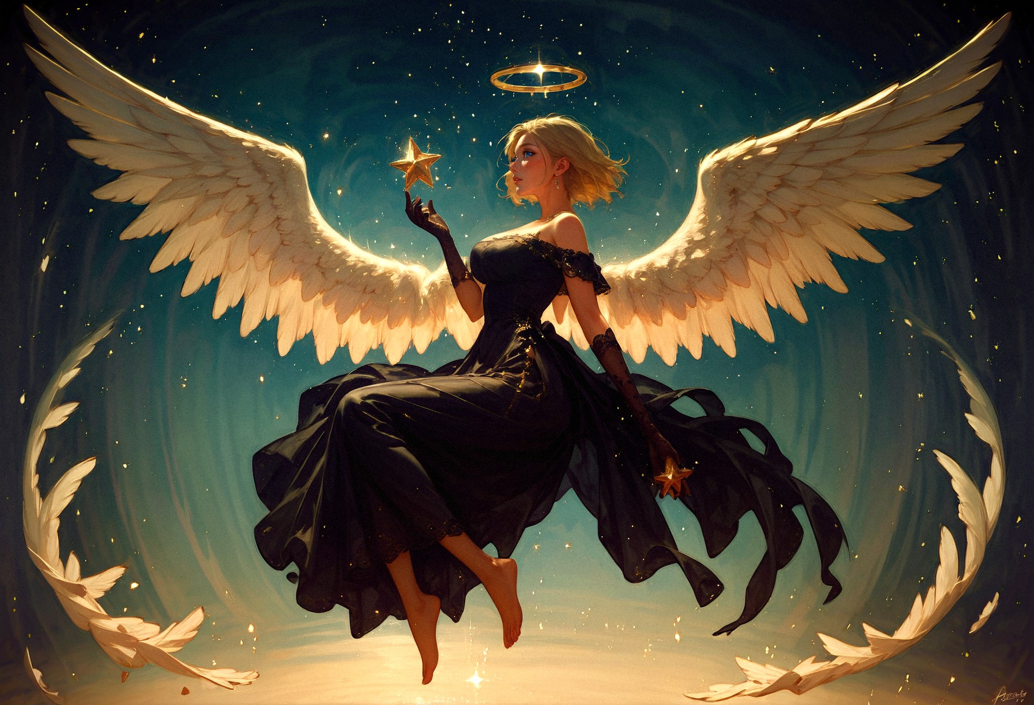 score_9, score_8_up, score_7_up,  full body, floating, flying, barefoot, side view, magical, blonde hair, large breasts, short hair, angel wings, solo, black lace gloves, black dress, golden trim, holding a star, looking at viewer  <lora:pony/vixon_gothic_oil_style:0.7> d4rk01l <lora:pony/expressiveh:0.8> expressiveh <lora:sdxl/princess_xl_v2:0.8> <lora:sdxl/sinfully_stylish_sdxl>