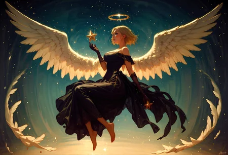 score_9, score_8_up, score_7_up,  full body, floating, flying, barefoot, side view, magical, blonde hair, large breasts, short hair, angel wings, solo, black lace gloves, black dress, golden trim, holding a star, looking at viewer  <lora:pony/vixon_gothic_oil_style:0.7> d4rk01l <lora:pony/expressiveh:0.8> expressiveh <lora:sdxl/princess_xl_v2:0.8> <lora:sdxl/sinfully_stylish_sdxl>