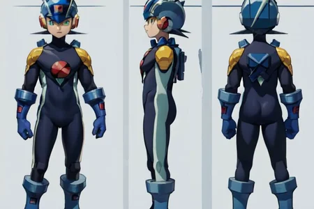 (masterpiece, official art, simple background, full body, standing, chara-sheet), best quality, megaman, (dark blue boots), (red headwear, dark blue helmet), (indigo bodysuit:1.5), covered collarbone, yellow pauldron, (dark blue gloves), (green eyes), (red circular chest piece), muscular, large pectorals, thick thighs