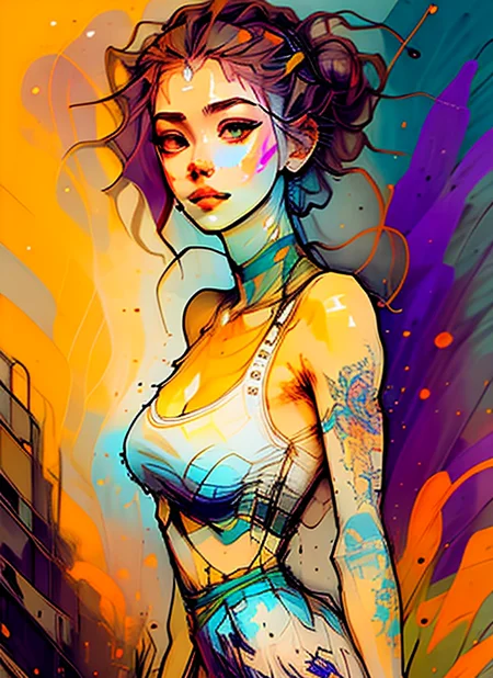 Alfons Mucha; style award winning half body portrait of a beautiful woman in a croptop and cargo pants, paint splashes, (short hair:1.0), splatter, outrun, vaporware, shaded flat illustration, digital art, trending on artstation, highly detailed, fine detail, intricate