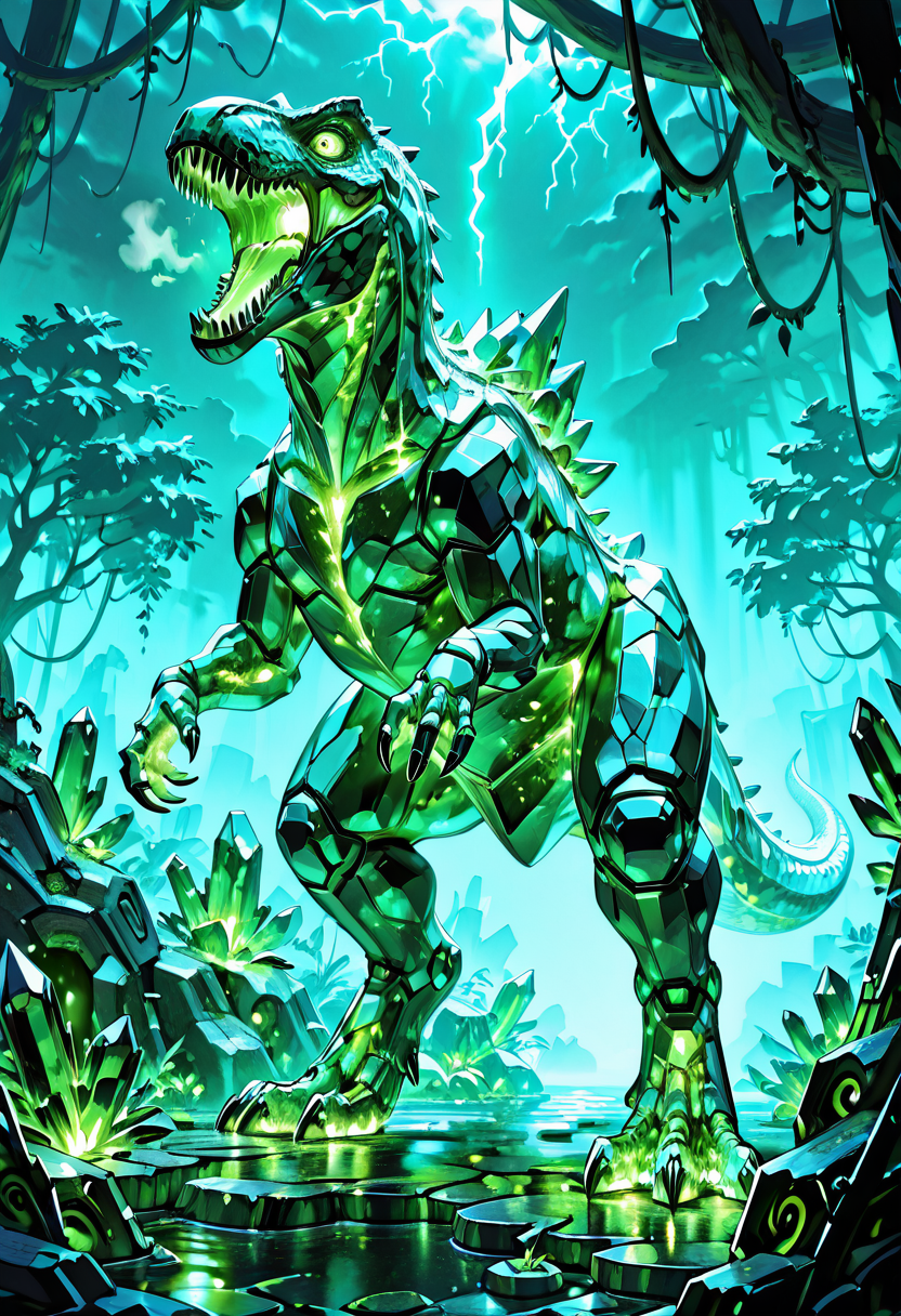 masterpiece, best quality, no humans,   ,<lora:CrystalKingDino_IXL:0.8>,  zzCrystalKing, green crystal body, jagged crystal plates, glowing core, reptilian eyes, dense jungle, glowing moss, thunderstorm, roaring pose, low angle, bioluminescent lighting, primal atmosphere â Amid the heart of a luminous jungle, the zzCrystalKing rears back with a thunderous roar. Its body glitters with fractured emerald crystal, sharp edges catching flashes of lightning from the storm above. Vines hang heavy from obsidian trees, bioluminescent moss glowing beneath its feet. Rain spatters off its glowing core, steam hissing from crystal joints. Every step cracks stone and root, the primal king returning to a world that has long forgotten him.