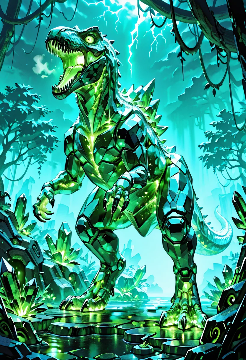 masterpiece, best quality, no humans, ,<lora:CrystalKingDino_IXL:0.8>, zzCrystalKing, green crystal body, jagged crystal plates, glowing core, reptilian eyes, dense jungle, glowing moss, thunderstorm, roaring pose, low angle, bioluminescent lighting, primal atmosphere â Amid the heart of a luminous jungle, the zzCrystalKing rears back with a thunderous roar. Its body glitters with fractured emerald crystal, sharp edges catching flashes of lightning from the storm above. Vines hang heavy from obsidian trees, bioluminescent moss glowing beneath its feet. Rain spatters off its glowing core, steam hissing from crystal joints. Every step cracks stone and root, the primal king returning to a world that has long forgotten him.