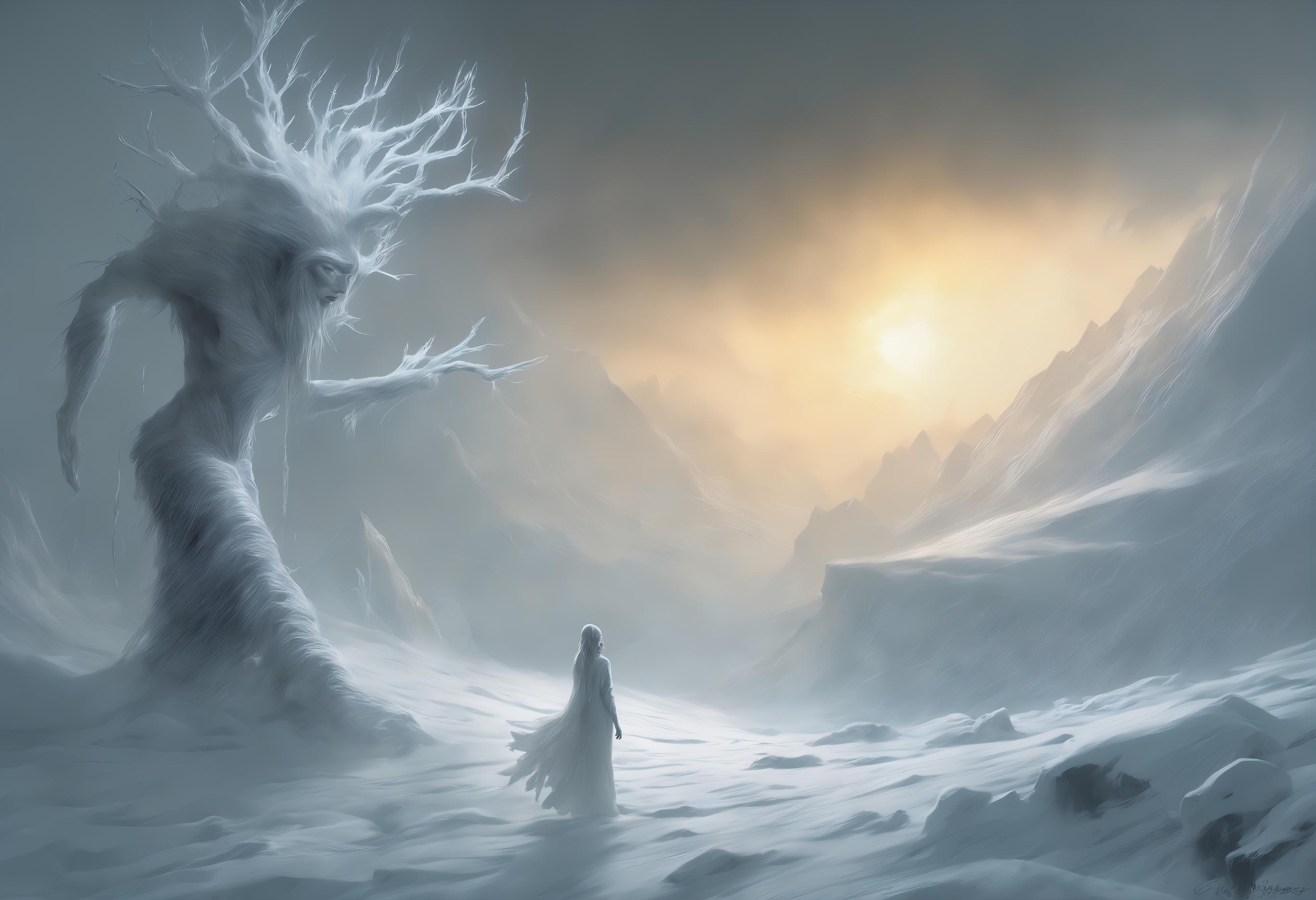 The monochromatic painting depicts two figures, a solitary human wanderer and a colossal frost giantess of preternatural beauty. She strides majestically barefoot through the snow, her presence both ethereal and imposing.

The background is dominated by ice and snow, creating a cold and hostile atmosphere. A relentless snowstorm rages on, its furious winds and swirling snow enveloping the scene.

The blizzard accentuates her dramatic emergence, casting a mystical aura over her formidable figure.


concept art, photo bashing, digital painting, matte painting, megascans, octane rendering, god rays, ray tracing, lumen, high-resolution

