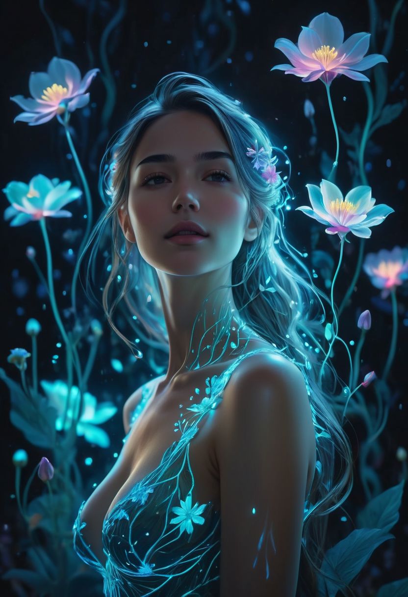high quality, 8K Ultra HD, beautiful and sexy Bioluminescent woman with a slim figure medium teardrop breasts, beautiful flowing Bioluminescent flowers forming a beautiful woman, full depth of field and realistic textures