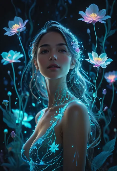 high quality, 8K Ultra HD, beautiful and sexy Bioluminescent woman with a slim figure medium teardrop breasts, beautiful flowing Bioluminescent flowers forming a beautiful woman, full depth of field and realistic textures