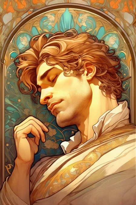 <lora:Alphonse Mucha Style:1>Alphonse Mucha Style - handsome thirty-something sleeping prince in the style of alphonse mucha