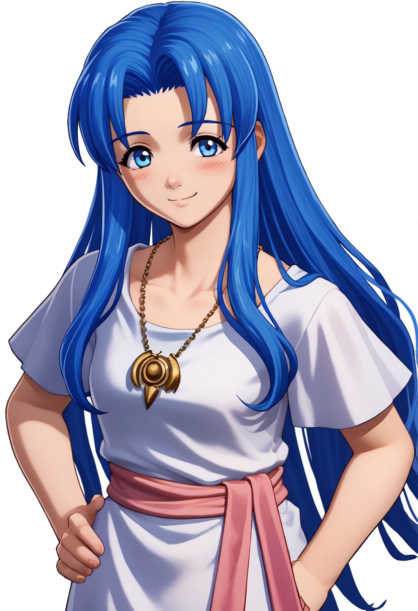 score_9, score_8_up, score_7_up, source_anime, 1girl, solo, blush, smile, hands on hips <lora:zs_FEWarriorsPortraitsXL:1> fewarriorsportraits, portrait, white background, <lora:ysfeena-pdxl-nvwls-v1-000004:1> ysFeena, blue hair, very long hair, blue eyes, necklace, white robes, short sleeves, pink sash, looking at you, smile, happy, closed mouth
