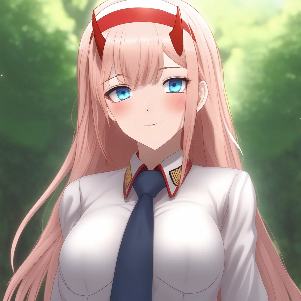 masterpiece, best quality, ultra-detailed, glowing light, (detailed background, complex background:1.2), (perfect face, detailed face), (mature female, milf:1.4), full-face blush,half-closed eyes, smirk, parted lips, thighs, , zero_two, long hair, horns, hairband, white hairband, medium breasts, very long hair, straight hair, red horns, necktie, uniform, military, military uniform, long sleeves, collarbone, blue eyes (garden, outdoors, standing, leaning forward )