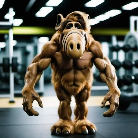 Alf1024, a very muscular humanoid alien in gym, detailed eyes, highly detailed, photography, ultra sharp, film, bokeh, professional, 4k <lora:Alf1024:0.7><lora:lcm_lora_sdxl:1>