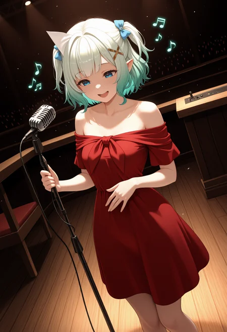 masterpiece, best quality, 1girl, solo, M1ntKrke, blue eyes, multicolored hair, white hair, green hair, short hair, two side up, yellow tress ribbon, blue bow, hair bow, triangular headpiece, pointy ears, red dress, off-shoulder dress, red bow, short sleeves, nude cover, clothes in front, standing, on stage, bar, indoors, wooden floor, microphone stand, holding microphone stand, smile, floating notes, musical note, open mouth, smile, singing, dutch angle, <lora:ChamMintFantomeNoob:1>