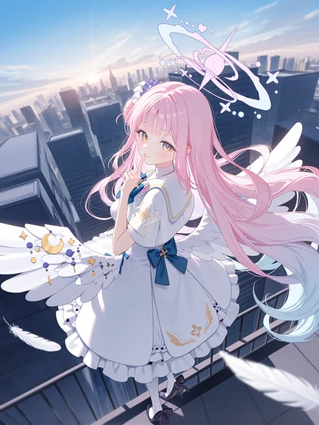 mika \(blue archive\),yunsang,gomzi:0.2,
From above,1 girl,highres,absurdres,official art,Strong sunshine,chiaroscuro,wide shot,blurry prospects,perspective, dynamic pose, dutch angle,
cityscape, on roof,Fluttering feathers,Flying pigeons,blue sky,cloud,halo
pink absurdly long hair,yellow eyesa,Exquisite body details,turn back,shushing
,masterpiece,best quality,newest,
