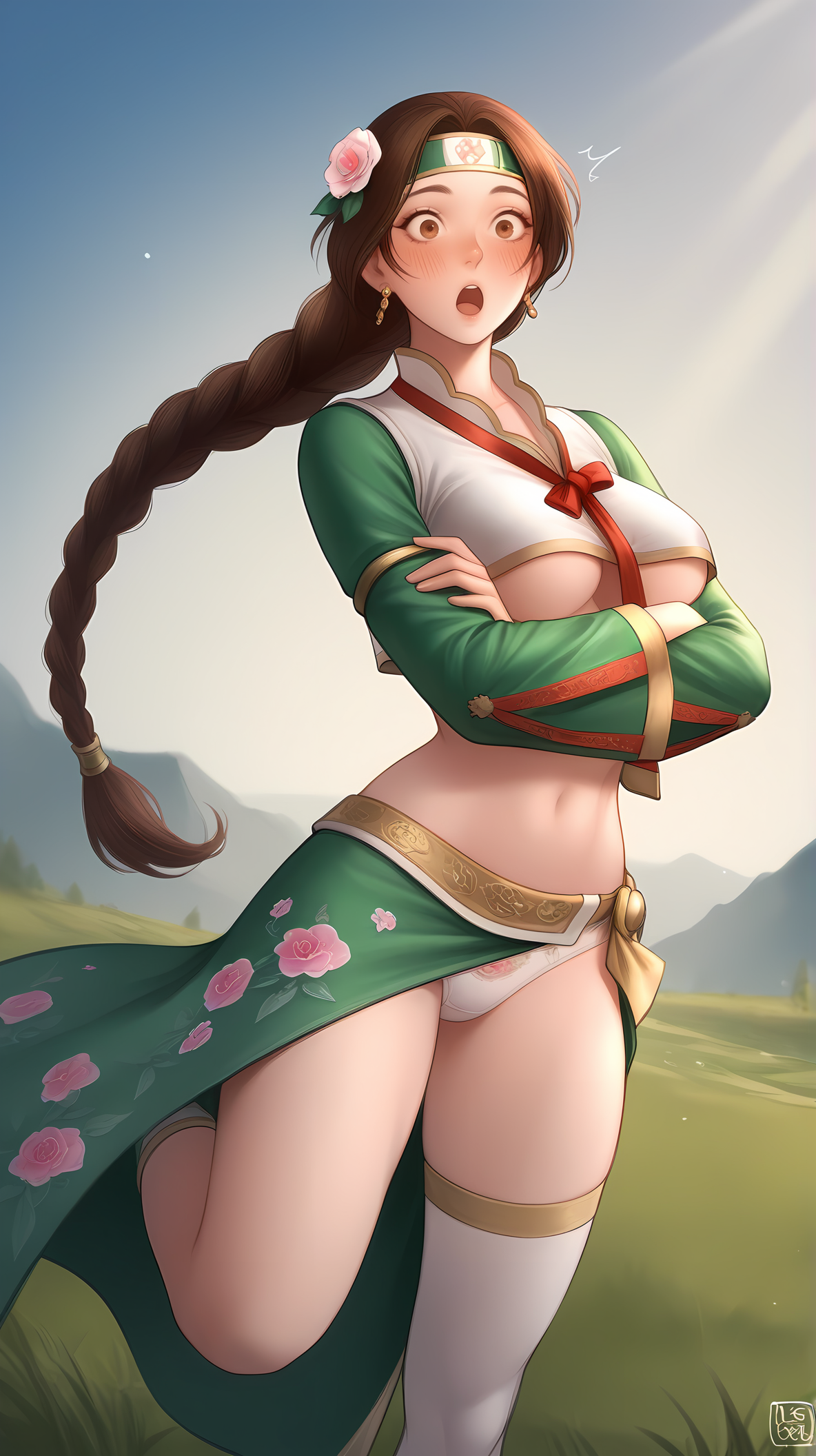 1girl, solo, (artist:nat the lich:0.9),
 <lora:Seong_Mi-Na_SC4_Illu_Dwnsty:1>, mnseongsciv, brown eyes, brown hair, long hair, braided ponytail, long braid, long hair, headband, hair flower, hair ornament, jewelry, earrings, midriff, crop top, white vest, no bra, korean clothes, red necktie, norigae, jeogori (clothes), green sleeves, long sleeves, wide sleeves, underboob, white panties, single thighhigh, white thighhigh,navel, side slit, green sarong, floral print, shocked, :o, wide open eyes , blush, standing, one leg raised, arms crossed, 
detailed eyes, detailed body,
blue sky, sunlight, nature, grass, folwer field, landscape, 
(masterpiece, best quality, aesthetic, detailed),