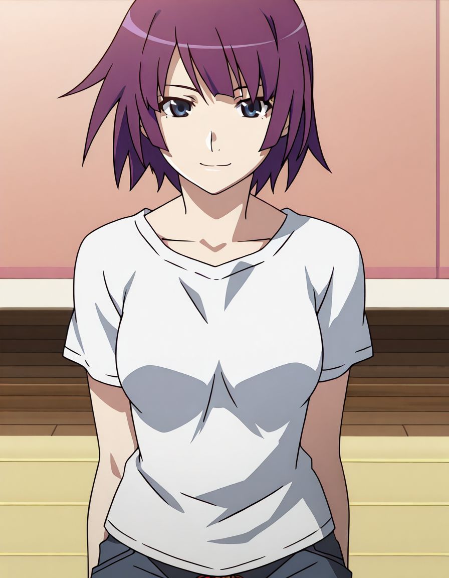 1girl, solo, masterpiece, reb1
, senjougahara hitagi, short hair
, t-shirt, shorts
,light smile
, (anime screencap:0.5)
 <lora:monogatari_eva:1>