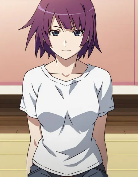 1girl, solo, masterpiece, reb1
, senjougahara hitagi, short hair
, t-shirt, shorts
,light smile
, (anime screencap:0.5)
<lora:monogatari_eva:1>