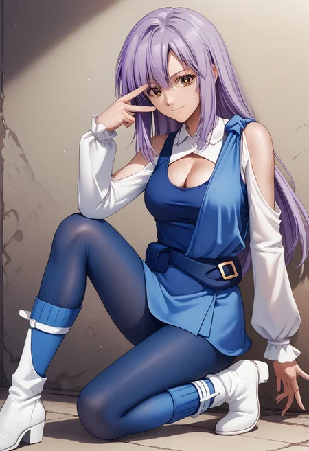 score_9, score_8_up, score_7_up, source_anime, good anatomy, 1girl, solo, RouxLouka, lavender hair,, long hair,brown eyes, blue tanktop, cleavage cutout, white sleeves, bare shoulder, light blue short dress, fanny pack, blue pantyhose, light blue legwarmers, white boots, leaning, finger gun, smiling, one knee up, grinning