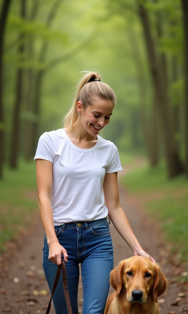 A young blonde woman walking her golden retriever in a serene forest, wearing a white t-shirt and fitted blue jeans, her hair tied back in a ponytail, with a few loose strands framing her bright smile, as she gazes down at her dog while holding the leash with a relaxed grip.