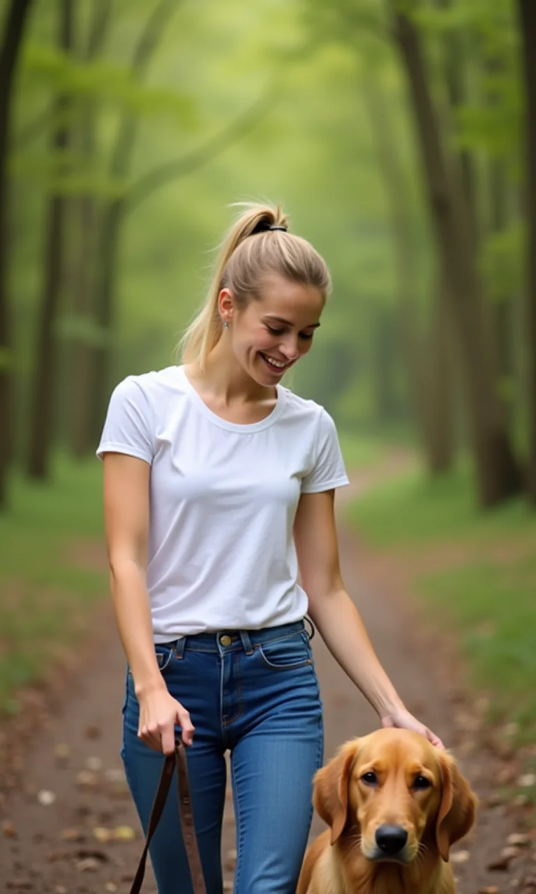 A young blonde woman walking her golden retriever in a serene forest, wearing a white t-shirt and fitted blue jeans, her hair tied back in a ponytail, with a few loose strands framing her bright smile, as she gazes down at her dog while holding the leash with a relaxed grip.