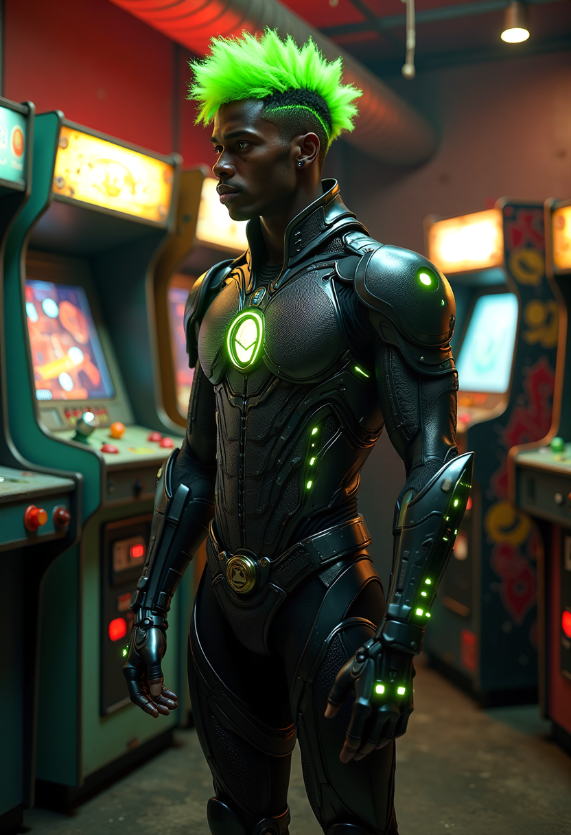 young  athletic male (XY) african, dark skin, black eyes, character, Average build, extra long Quiff hair neon green hair, , wearing Algorithmic matrix armor, cybernetic Raised dermal plating seamlessly fused to flesh, forming a sleek exoskeleton of lightweight carbon fiber or titanium augments, Metallic exoskeleton appendages with intricate circuitry, glowing LED accents mechanical_arms, legs, arms and mechanical_legs, set in  Dusty Arcade Room, Rows of vintage arcade machines with flickering screens, cobwebs hanging from the ceiling, a worn wooden counter with a cash register, and a jukebox in the corner , at sunset, , with art deco style   <lora:flux_trainer/moxiePunk_v4D>