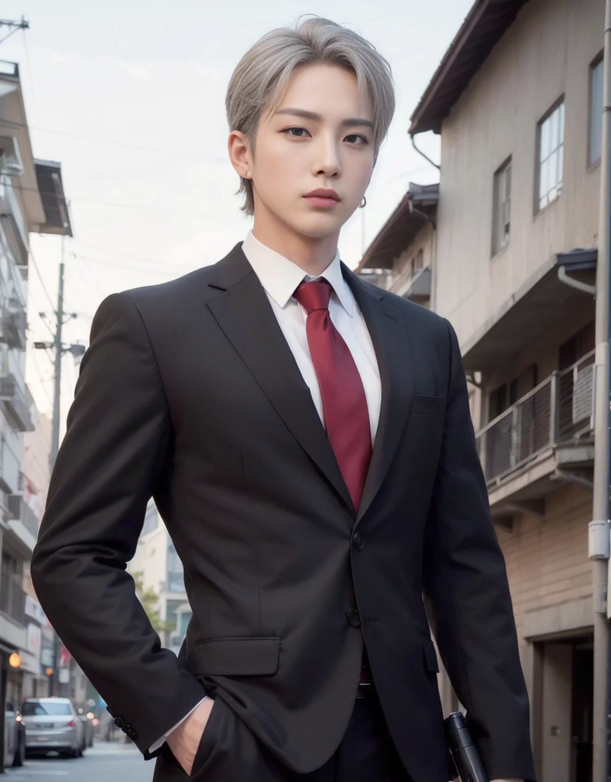 (8k photo, best quality, masterpiece:1.2),(realistic, photo-realistic:1.37) young ,handsome man, ((Mark Tuan Got7)), white skin, detail face, grey bright eye, ((platinum grey hair color short wavy hair)), (((black long sleeve suit and red tie))), (bad boy), ((yakuza tattoo)), (((holding gun pose))) (((night town in backdrop))), (cross earring), necklace, ((full body)) vertical photo (long shot) <lora:chineseMaleLikeness_chineseMaleLikeness3:0.3> <lora:blondBoy_:0.8>