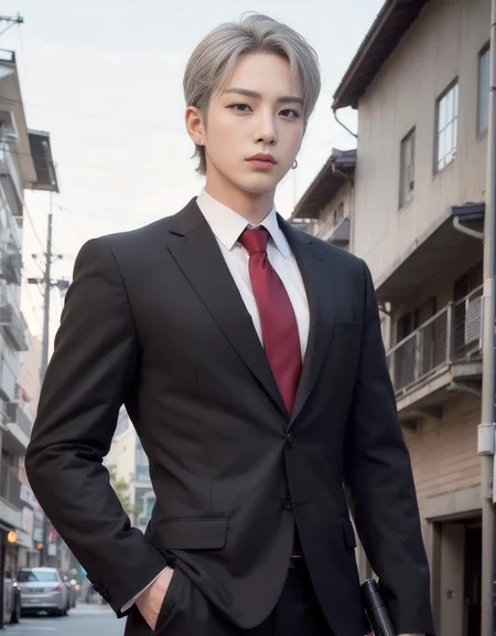 (8k photo, best quality, masterpiece:1.2),(realistic, photo-realistic:1.37) young ,handsome man, ((Mark Tuan Got7)), white skin, detail face, grey bright eye, ((platinum grey hair color short wavy hair)), (((black long sleeve suit and red tie))), (bad boy), ((yakuza tattoo)), (((holding gun pose))) (((night town in backdrop))), (cross earring), necklace, ((full body)) vertical photo (long shot) <lora:chineseMaleLikeness_chineseMaleLikeness3:0.3> <lora:blondBoy_:0.8>