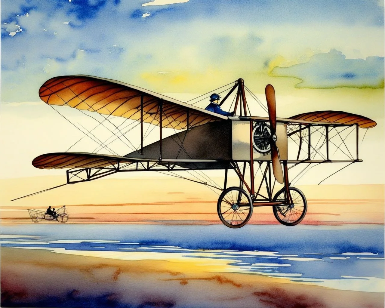 Bleriot_XI, watercolor postcard, Channel crossing, dawn haze, delicate brushwork, vintage feel, masterpiece, best quality, amazing quality <lora:Mini list aircraft sdxl V1:1>