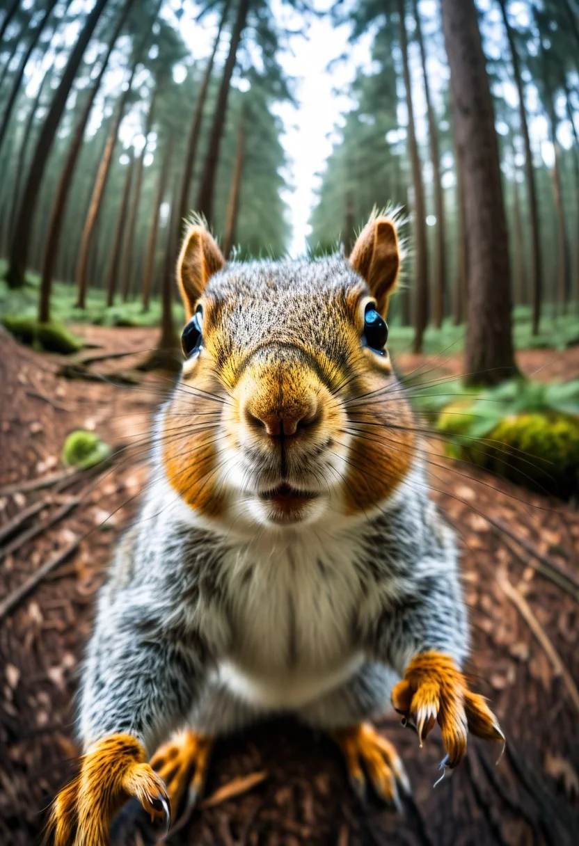 a Squirrel takes a selfie in the forest, in the style of fisheye effects, somber mood, strong facial expression, tilt shift