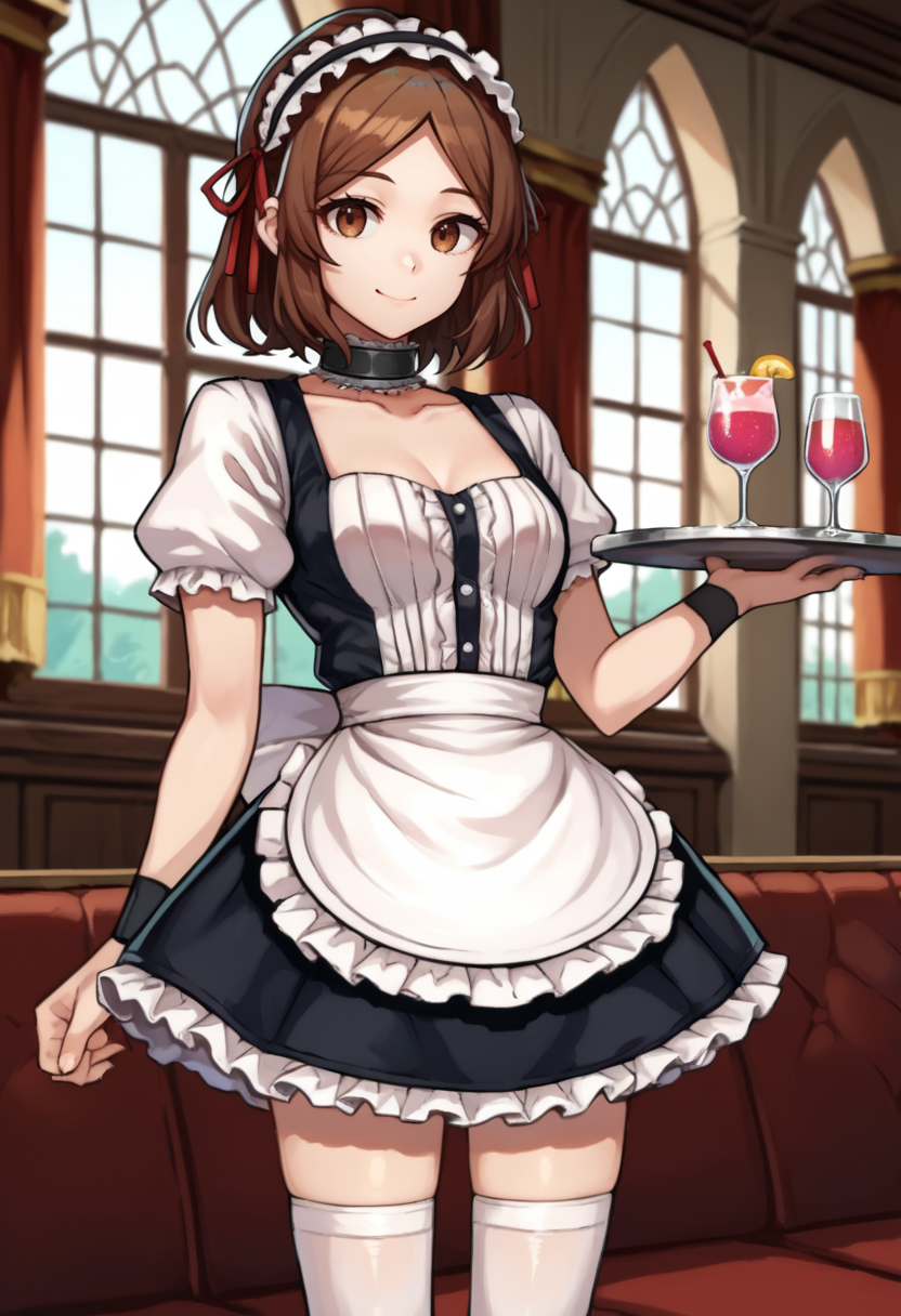 score_9, score_7_up, source_anime, 1girl, solo, <lora:Akane-10:0.8>, Taira Akane, brown eyes, brown hair, maid headdress, ruffled black collar, white sleeves, black bangles, maid top, black skirt, white apron, white ribbon, white high thighs, smiling, closed mouth, holding tray, drink on tray, mansion, window, curtain, indoors, (detailed background)