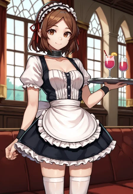score_9, score_7_up, source_anime, 1girl, solo, <lora:Akane-10:0.8>, Taira Akane, brown eyes, brown hair, maid headdress, ruffled black collar, white sleeves, black bangles, maid top, black skirt, white apron, white ribbon, white high thighs, smiling, closed mouth, holding tray, drink on tray, mansion, window, curtain, indoors, (detailed background)