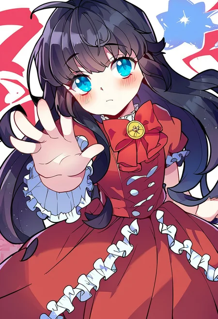 score_9,score_8_up,score_7_up,source_anime,zPDXL3,
*//*,<lora:BlancheFreidkin_v1.0:1>,blanche_freidkin1girl,blue eyes,black hair,long hair,hair intakes,ahoge,red dress,frilled dress,red bow,:d,blush,
*//*,looking at viewer,cowboy shot,dutch angle,dynamic pose,