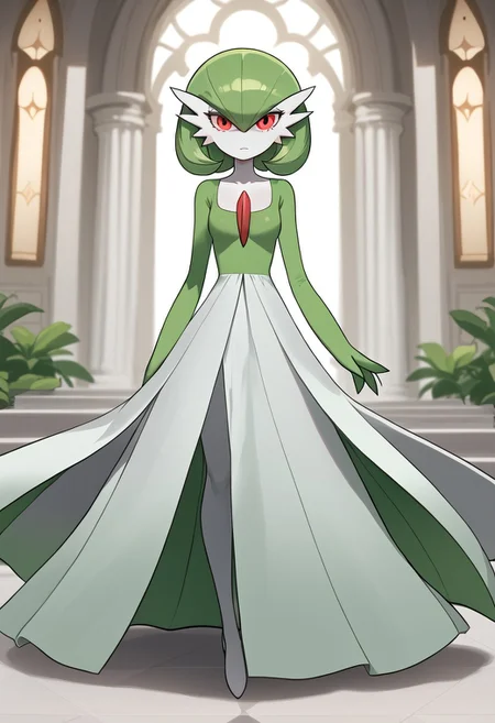 Pokemon, Gardevoir, slim body, long white and green dress, white skin, red peak on the chest, short straight green hair, round head, big red eyes, thin legs, pointed feet, hands with 3 fingers, green dress interior , long-sleeved dress, wide neckline