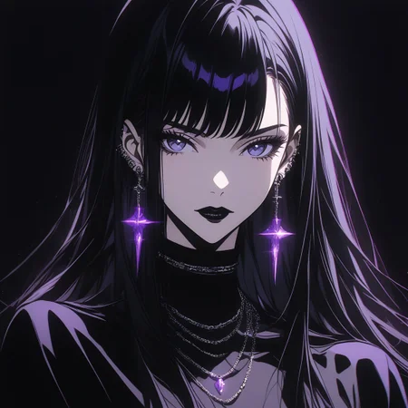 anime girl, best qulity, black hair, long hair, straight hair, purple eys, black lipstick, necklace, earrings, black outfit, dark background, <lora:gothic_girl:0.9>, <lora:GLSHS:0.8> GLSHS, partially illuminated