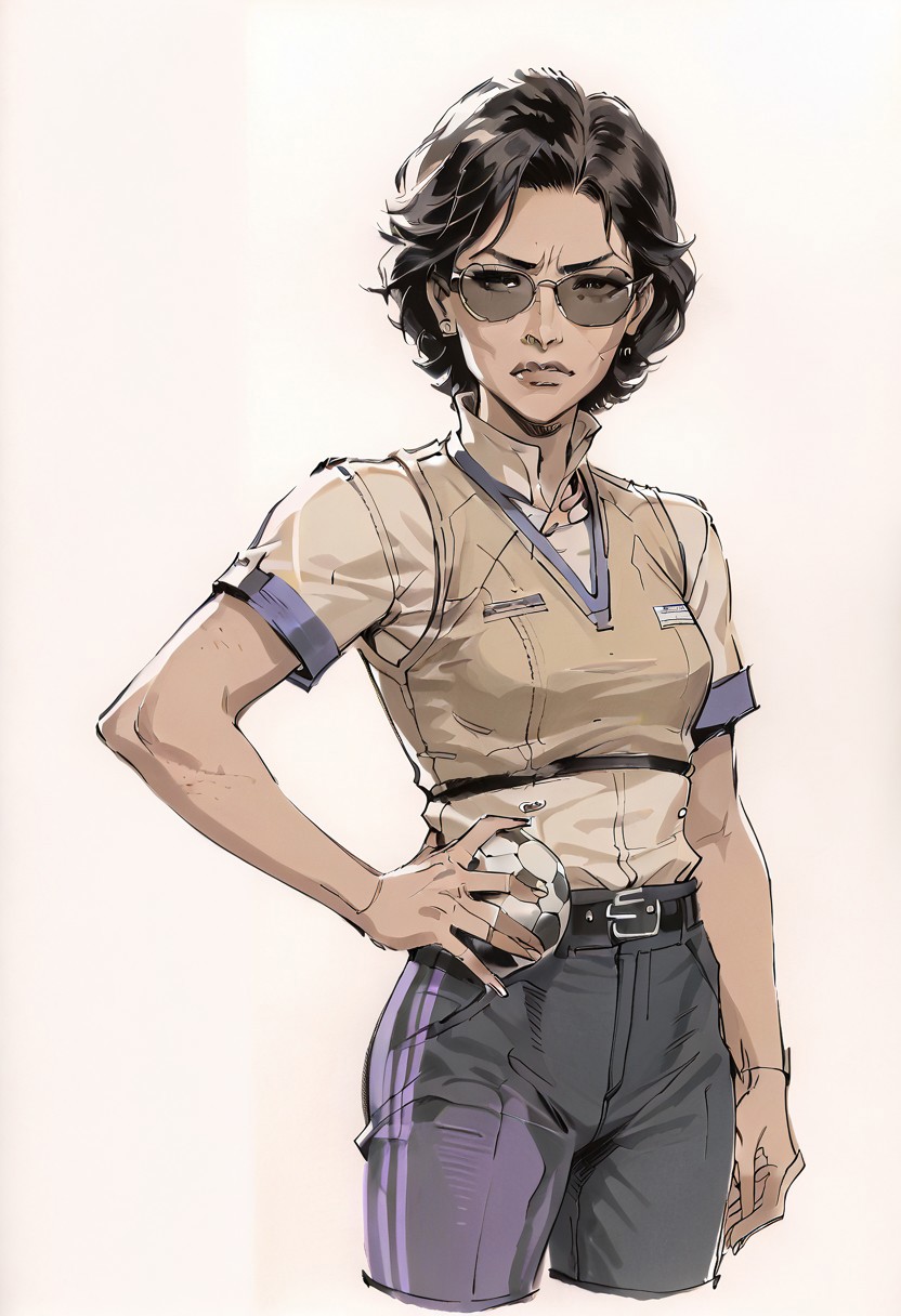 score_8_up, score_7_up, score_6_up (cel-shading, rivals),  (((yoji_shinkawa, Sketch, Traditional media, Monochrome))), <lora:Yoji_v2-000014:0.85>
movie-themed, sharp, detailed, epic photography, artistic, dramatic light, cinematic style, film style, bokeh, cinemascope, moody, epic, gorgeous, film grain, grainy, (((gritty))) 
BREAK
1girl, ((asian female)), ((tan skinned female)), light blue ((puffer vest)), purple athletic yoga pants, tan athletic shirt, ((bob haircut)), athletic shirt, multicolor hair, grey hair streak, black hair, ((sunglasses)), (((soccer mom))), modern, realistic, athletic build, ((mature woman)), wide hips, small breasts, motherly, confident, attractive, beautiful woman, hand on hip, dynamic pose, oblong face, long face, (((Vietnamese woman)))
(dynamic angle), (((plain background, white background)), background out of focus, simple background,