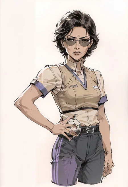 score_8_up, score_7_up, score_6_up (cel-shading, rivals), (((yoji_shinkawa, Sketch, Traditional media, Monochrome))), <lora:Yoji_v2-000014:0.85>
movie-themed, sharp, detailed, epic photography, artistic, dramatic light, cinematic style, film style, bokeh, cinemascope, moody, epic, gorgeous, film grain, grainy, (((gritty)))
BREAK
1girl, ((asian female)), ((tan skinned female)), light blue ((puffer vest)), purple athletic yoga pants, tan athletic shirt, ((bob haircut)), athletic shirt, multicolor hair, grey hair streak, black hair, ((sunglasses)), (((soccer mom))), modern, realistic, athletic build, ((mature woman)), wide hips, small breasts, motherly, confident, attractive, beautiful woman, hand on hip, dynamic pose, oblong face, long face, (((Vietnamese woman)))
(dynamic angle), (((plain background, white background)), background out of focus, simple background,
