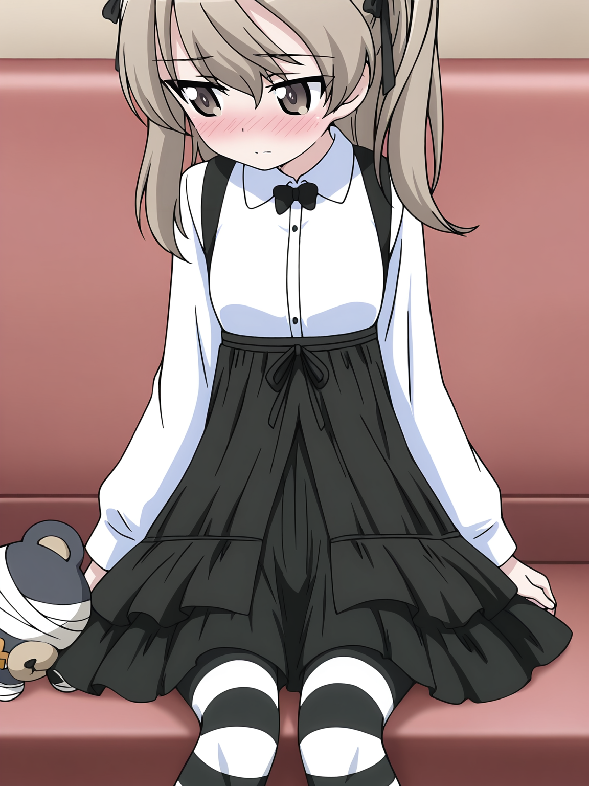masterpiece,best quality,amazing quality, <lora:Shimada_Alice_Character:0.8>shimada_arisu, 1girl, solo, bangs, brown_eyes, eyebrows_visible_through_hair, hair_ribbon, light_brown_hair, long_hair, one_side_up, black_ribbon, black_bowtie, white_shirt, dress_shirt, long_sleeves, suspender_skirt, black_skirt, layered_skirt, pleated_skirt, striped_legwear, sitting, holding, holding a peluche, shy, blushing