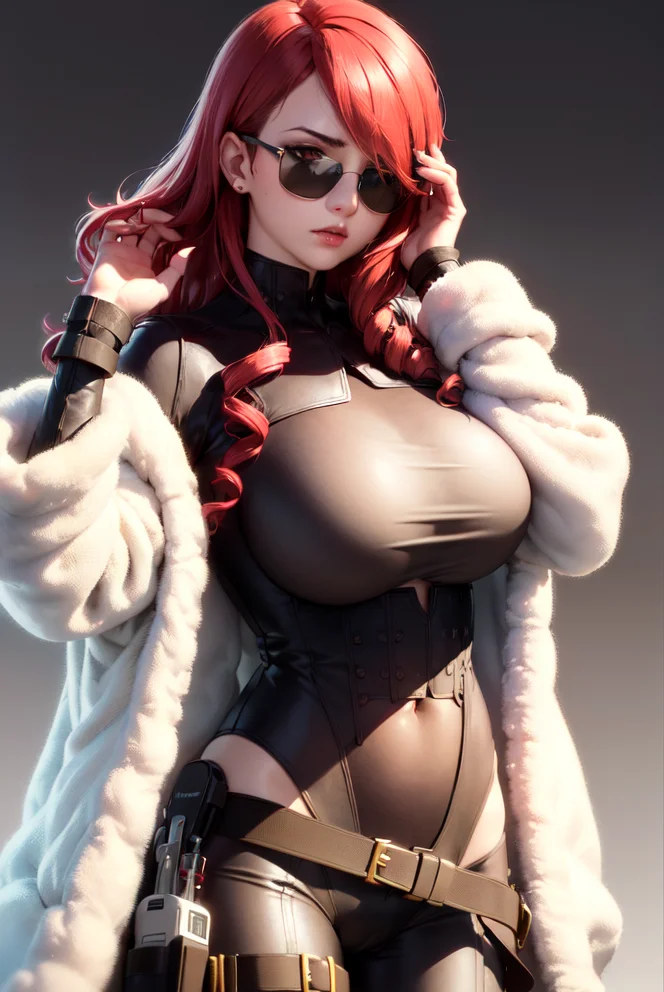 (masterpiece, best quality:1.1), portrait, 1girl, mature, mitsuru kirijou, persona 3, bodysuit, red eyes, solo, long hair, red hair, hair over one eye, (black sunglasses:1.1), (hair flip, hand in own hair:1.3), huge breasts, belt, gun, holster, framed breasts, white fur coat, simple background <lora:MITSURUv2:0.7>