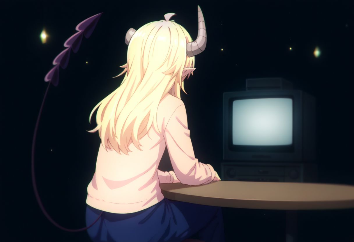 score_9, score_8_up, score_7_up, source_anime, highly detailed, 
lilith, horns, 1girl, tail, demon horns, long hair, demon tail, table, blonde hair, demon girl, solo, ahoge, sitting, television, curled horns, from behind, kotatsu, shirt, long sleeves, raglan sleeves,
black background, stars,