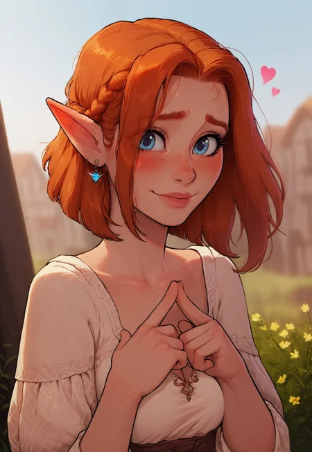 safe_pos, (score_9, score_8_up, score_7_up, score_6_up, score_5_up, score_4_up), source_cartoon, 1girl, sexy, pose, dynamic angle, sexy, elf mage, blue eyes, french braids, ginger hair, earrings, freckles, body freckles, detailed face, hourglass body, embarrassed face, <lora:fidgeting-index-fingers-together-ponyxl-lora-nochekaiser:1>, fidgeting index fingers together, index fingers together, looking at viewer, fidgeting, blush, dutch angle, upper body, dress, nervous smile, hearts, outside, medieval town in the background
