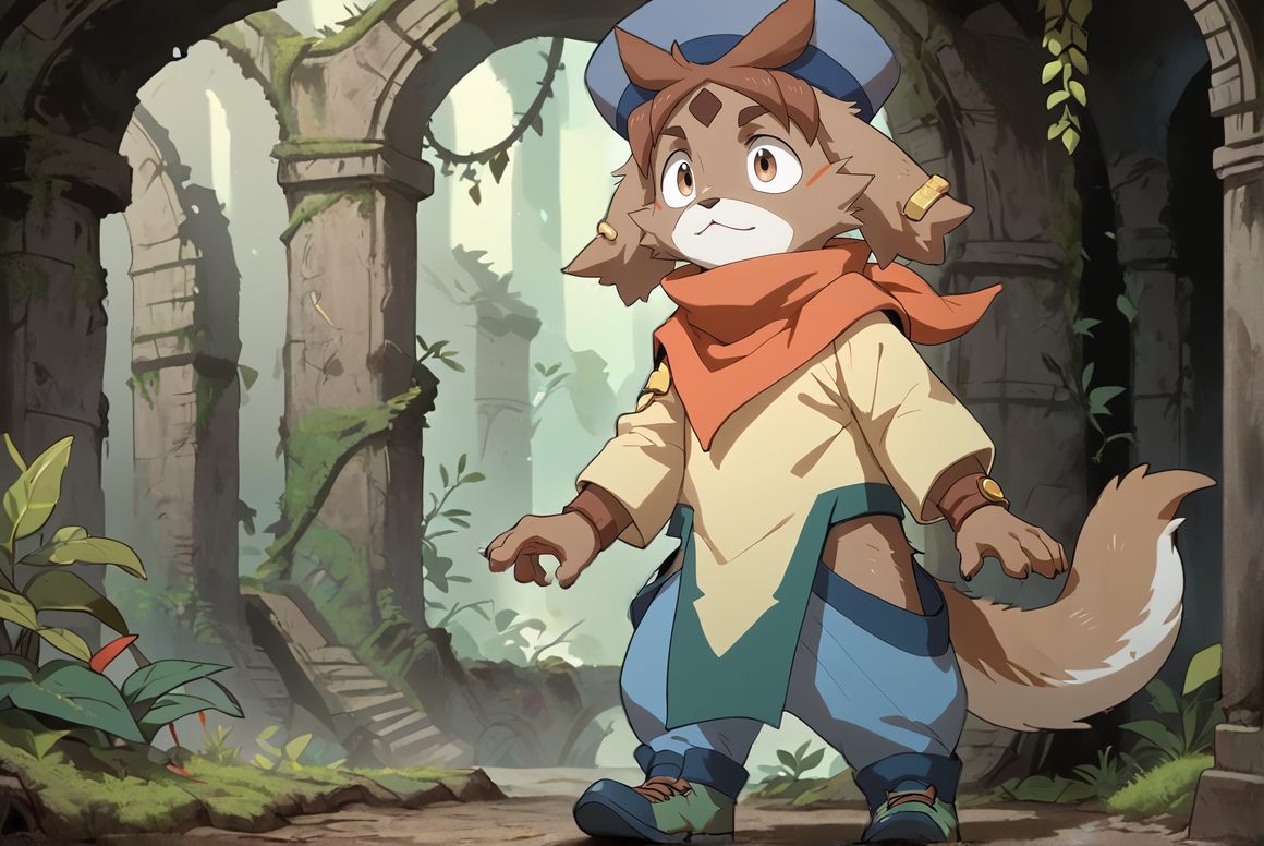 score_9, score_8_up,score_7_up, 
 <lora:Freddie_Gundam_Build_Divers_ReRISE_for_PonyXL:0.8>  1boy, furry male, fr3ddi3, solo, animal ears, brown eyes, earrings, scarf, tail, hat, shoes, 
ruins, moss, ivy,