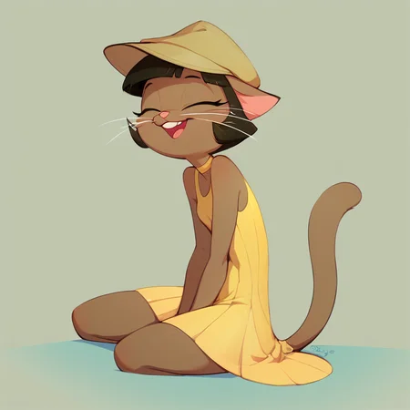 score_9, score_8_up, score_7_up, score_6_up, score_5_up, score_4_up, score_9, score_8_up, low light, solo, 1girl, ovypep,  petite, slender, dark skin, anthro cat, whiskers, small ears, slender tail, cute face, yellow dress from the 20's, big yellow cloche hat with feather, sitting on the floor, rubbing her back, laughing, busy bar,  <lora:Ivypepper:1><lora:xl_more_art-full_v1:1> <lora:more_details:1> <lora:Photo 2 Style SDXL_LoRA_Pony Diffusion V6 XL:1> <lora:ugly_style:-1>