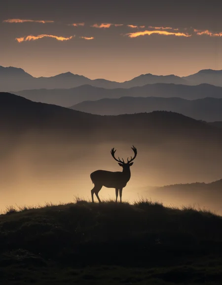 . A photo-realistic shoot from a bird's eye view about a silhouette of a deer standing on a hill, silhouetted against a backdrop of distant mountains during sunset. the image also shows a long exposure shot of a distant mountain range with glowing light streaks in the sky, creating a dramatic and ethereal atmosphere. on the middle of the image, a deer with large antlers stands on a grassy hill, facing the viewer. the deer appears to be a male, with no clothing or pants, and no accessory. it is standing with its full body visible, and its antlers are raised, giving it a majestic appearance. the background features rolling hills and distant mountains, with a warm, golden light emanating from behind the deer. the overall effect is one of serenity and tranquility, with the deer standing out against the dramatic landscape.