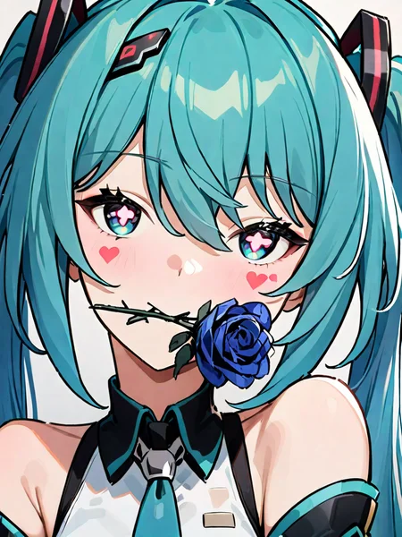 1girl,solo,kuchinihana,,hatsune miku,blue rose,heart-shaped pupils,close-up,<lora:kuchinihana-000012:1>, masterpiece, best quality, very aesthetic, absurdres