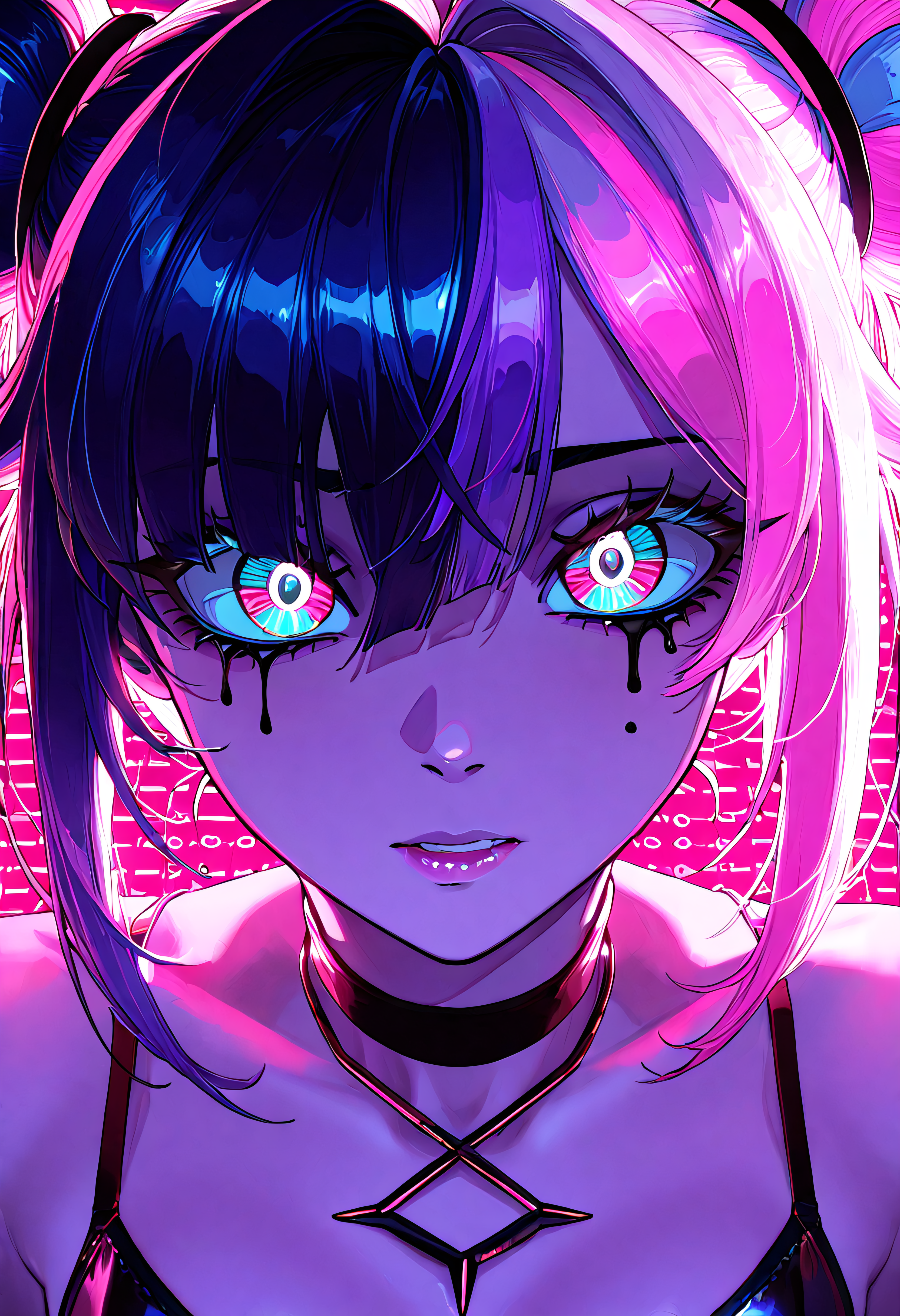 1girl, solo, neon punk ballerina with glitch tears, wistful look as if haunted by code, glitching VR nightclub in zero gravity, binary high-pass filter distortion, 90s VHS bright color scheme, plus, satanic symbols & demonic iconography, fisheye close-up portrait, hyper-detailed, cinematic lighting, 8K, ultra textural